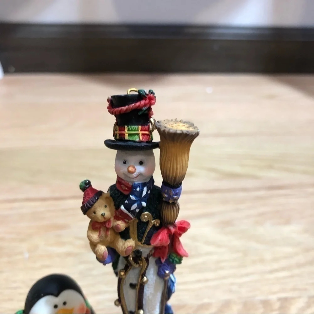 Snowman Tall Long Skinny Christmas Ornament & Penguin Figurine Holiday Blue